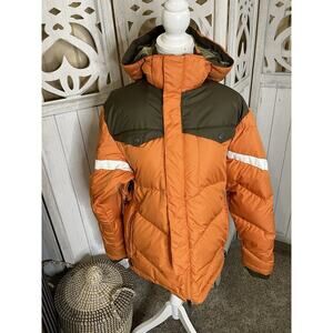 Powderhorn Down Puff Jacket Orange Brown Zip Up Hooded Size Men’s Small